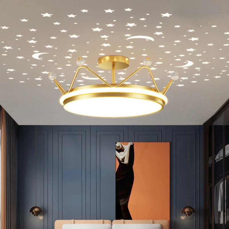 Crown LED Dimmable Ceiling Chandelier Star And Moon Lamp Pendant Children Boys Girls Bedroom Study Kid's Ceiling Lamp Room Decor