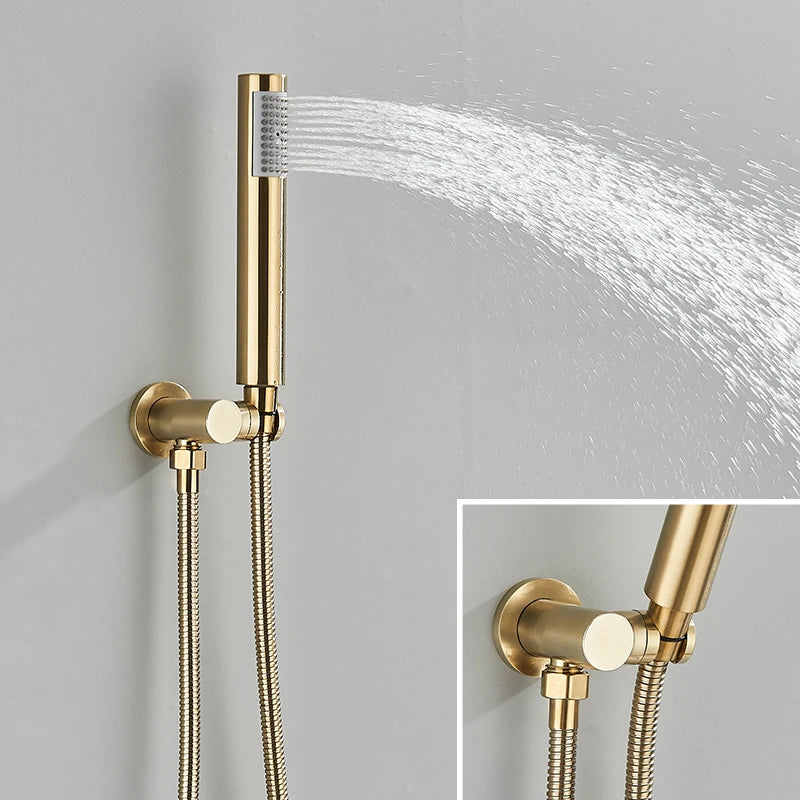 Brushed Gold Shower Faucets Set Rainfall Shower System Concealed Hot Cold Water Mixer Tap Bathroom Round Shower Faucet