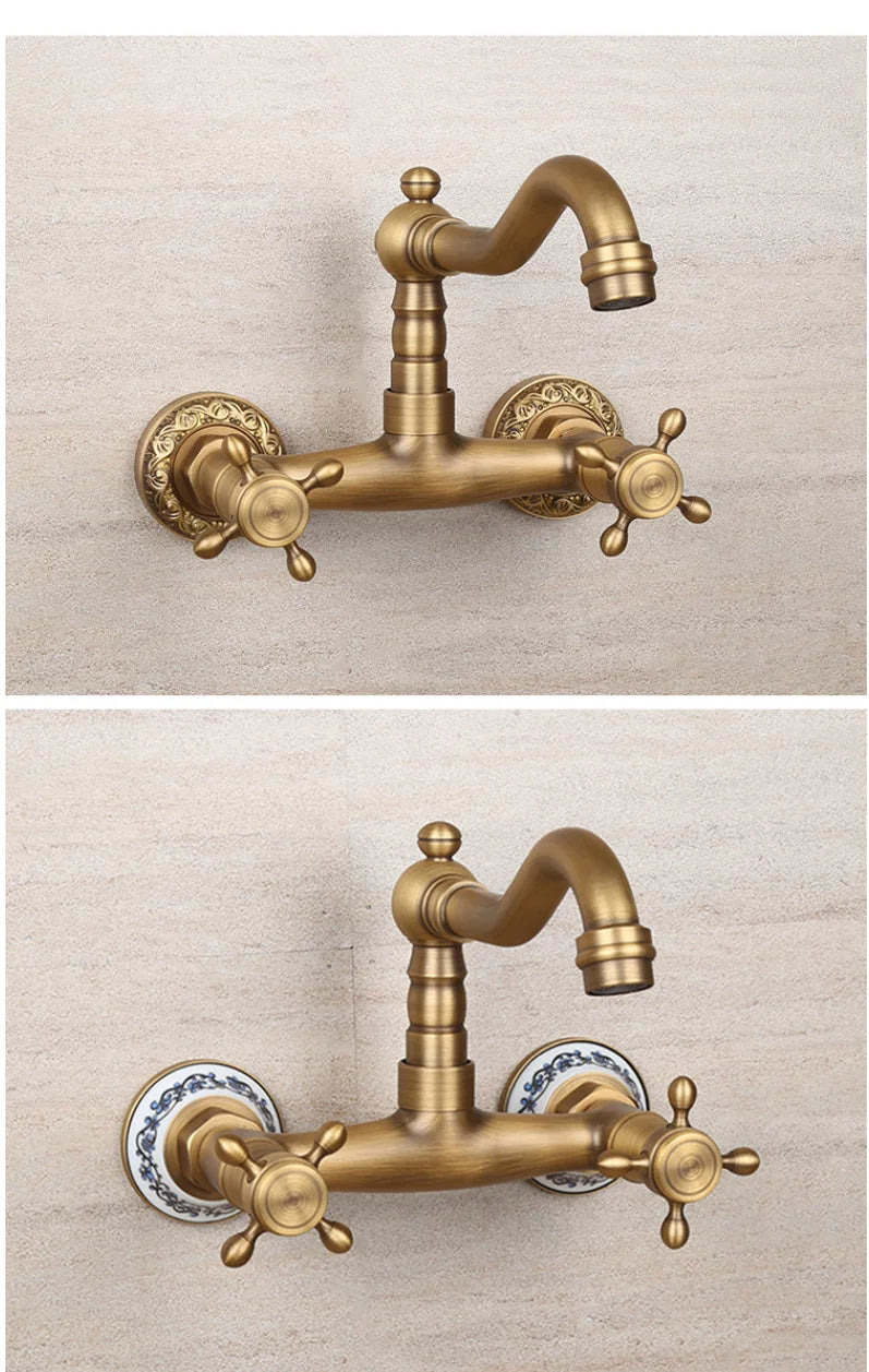 Antique brass ceramic into the wall faucet bathroom washbasin basin wall mount double handle cold and hot water faucet