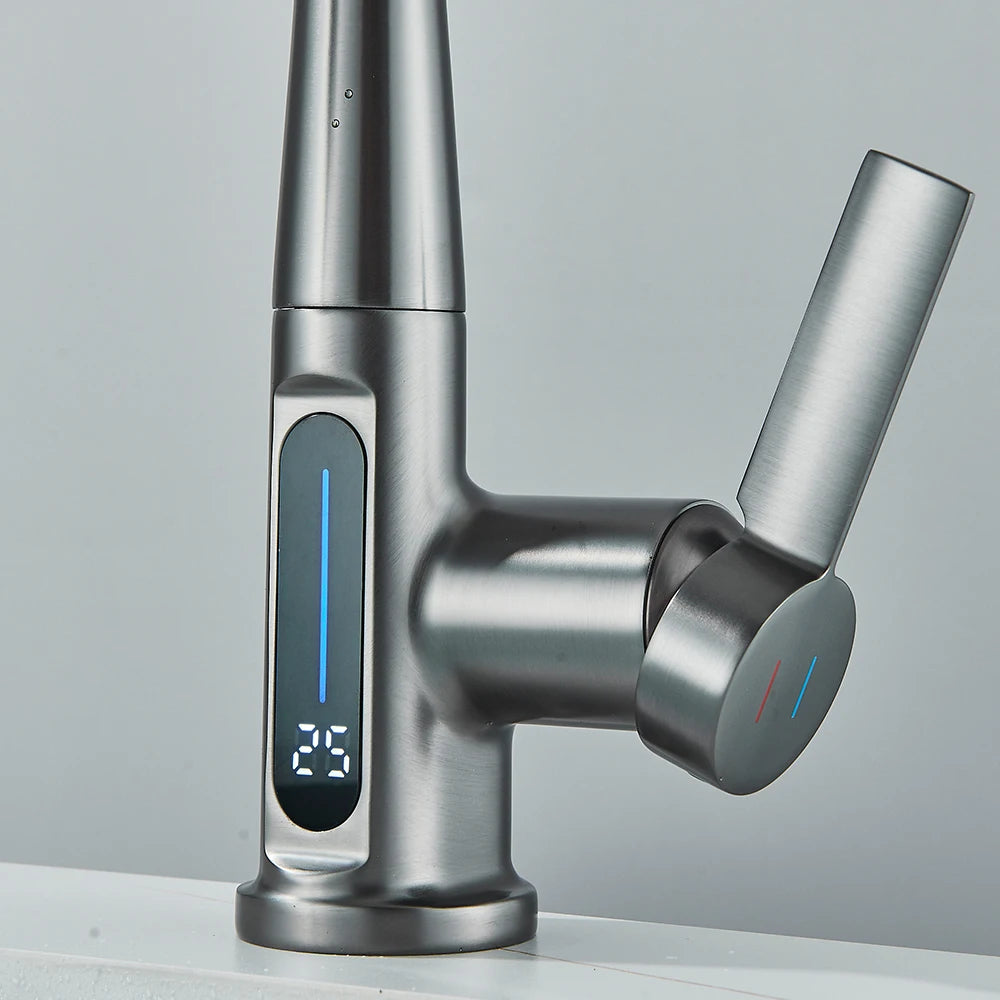 Waterfall Temperature Digital Display Basin Faucet Lift Up Down Stream Sprayer Hot Cold Water Sink Mixer Wash Tap For Bathroom