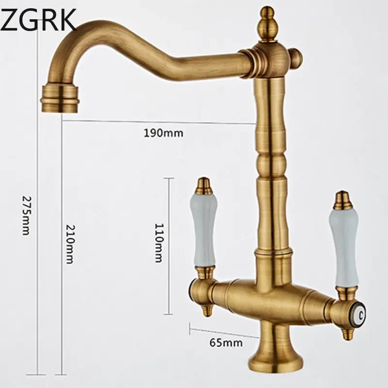 Faucet for Kitchen Dual Handle Antique Brass Retro Faucet 360 Degree Rotation Kitchen Sink Taps Deck Mounted Bathroom Sink Mixer