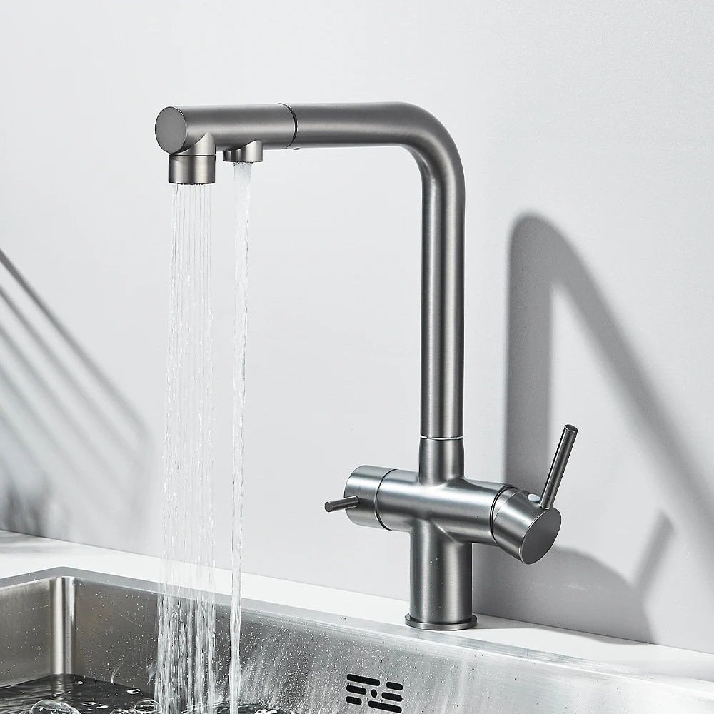 Gold Filter Kitchen Faucets Dual Spout Pull Out Kitchen Sink Water Tap Hot Cold Purification Water Crane for Kitchen