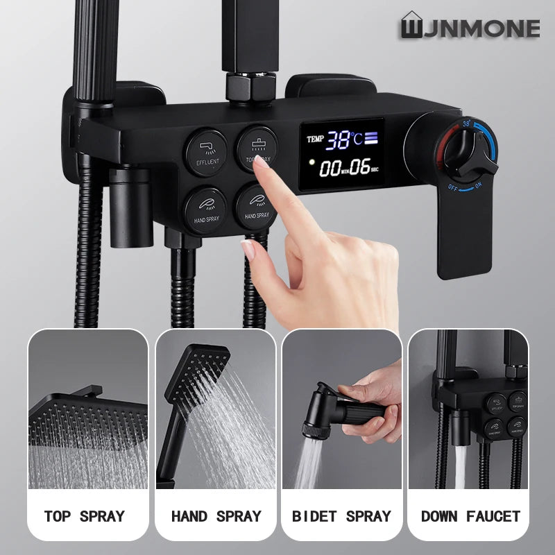 Bathroom Shower Set Black Gold Rain Shower Faucet Thermostatic Digital Display Shower Mixer Taps Copper Shower Systems for Bath
