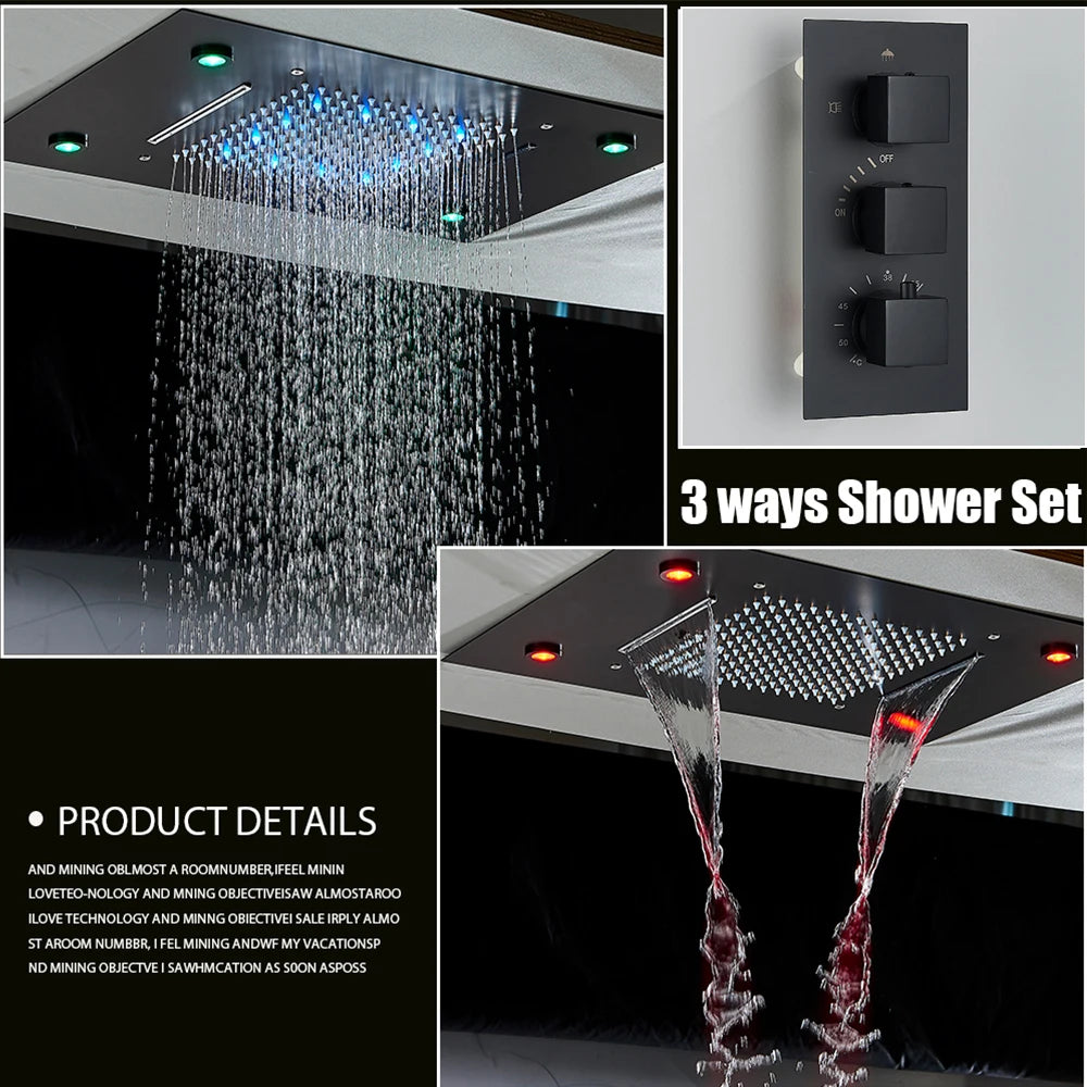 Black LED Constant Temperature Shower Faucet Luxury 3-way RainShower Celling System Tap Color Change Modern Showers for Bathroom