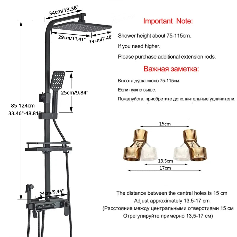 Black Thermostatic Digital Display Shower Faucet Set Rainfall Shower Column Wall Mounted Bathtub Tap With Shelf and Bidet