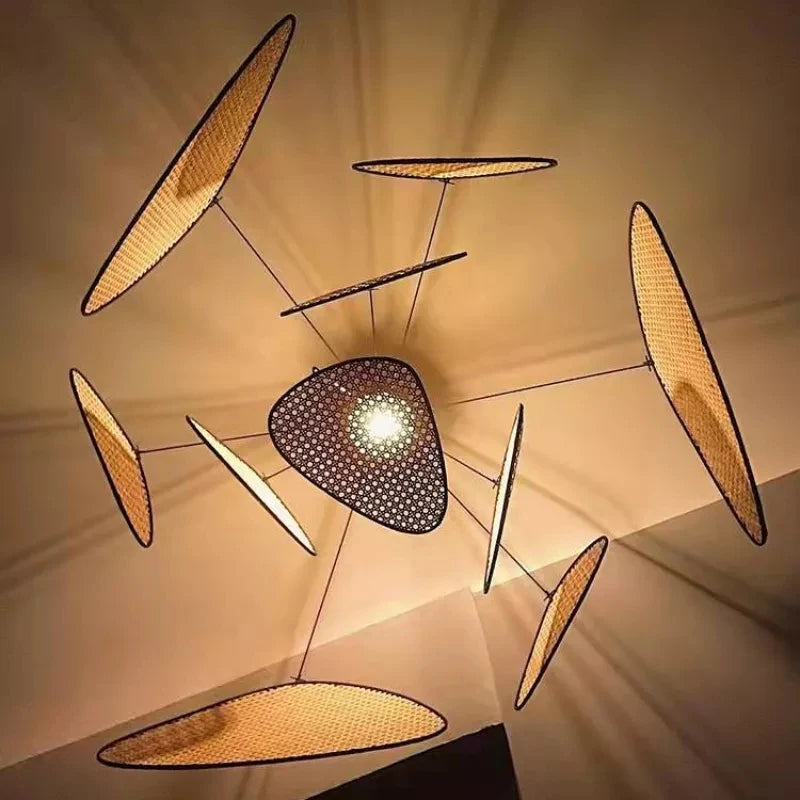 Modern Living Room Pendant Lamp Dining Room Leaf Grid Rural Hand Made Rattan Art Screen Cchandelier Bedroom Home Decor 110V 240V