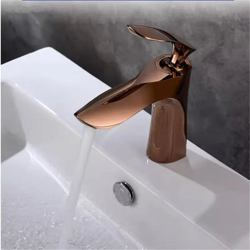 Tuqiu Rose Gold Bathroom Faucets Brief Basin Faucet Sink Mixer Tap Hot & Cold Deck Mounted Lavatory Crane Water Tap