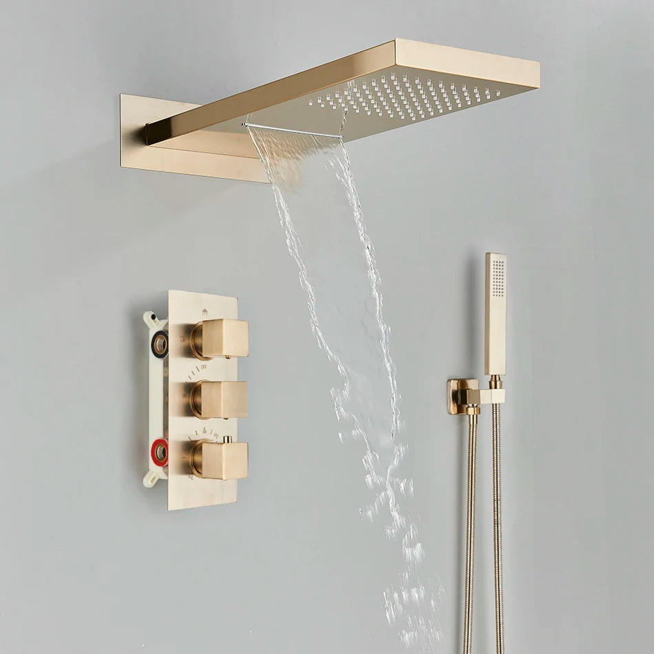 Luxury Waterfall Rainfall Shower Faucet Thermostat Valve Mixers Wall Mounted Thermostatic Shower Set With Handshower
