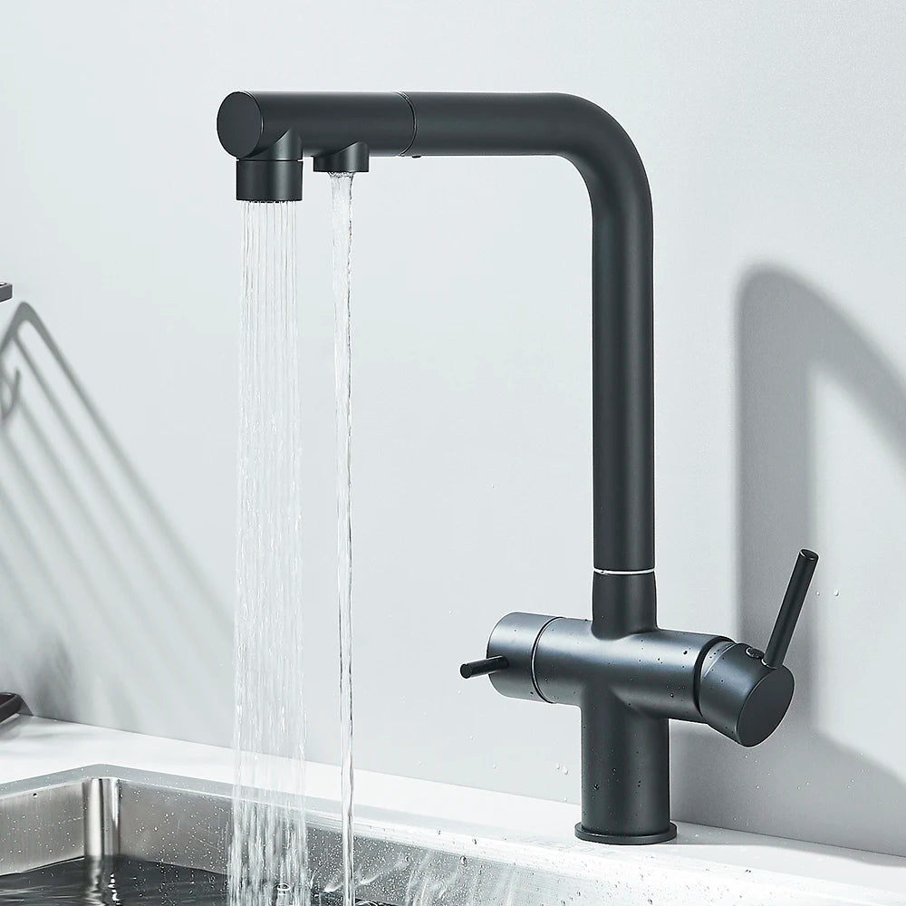 Filtered Kitchen Sink Faucet with Pull Down Sprayer 2 Handle 3 in 1 Water Filter Purifier Faucet Dual Sprayer Drinking Water Tap