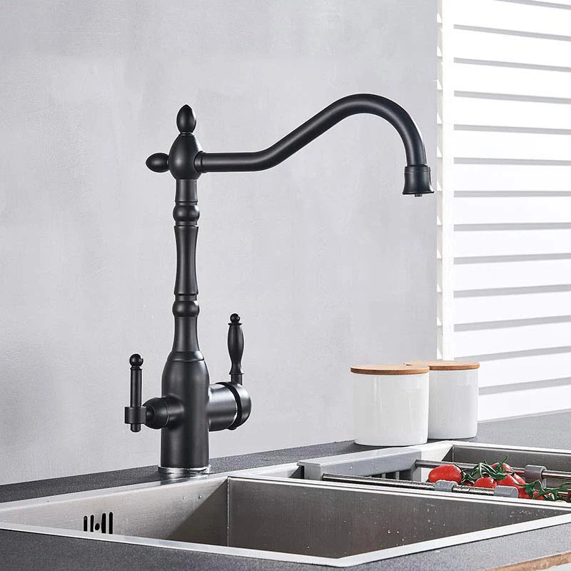 Golden Kitchen Filter Faucet Brass 360 Rotation Purification Kitchen Faucet Double Handle Dual Water Mode Hot Cold Mixer Taps