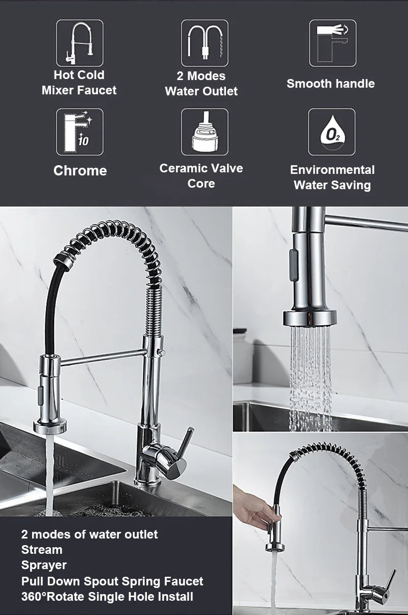 Black and Golden Brass Pulling Kitchen Sink Faucets Dual Outlet Water-Cold Hot Washing Basin Tap Deck Mounted Spring Mixer Taps