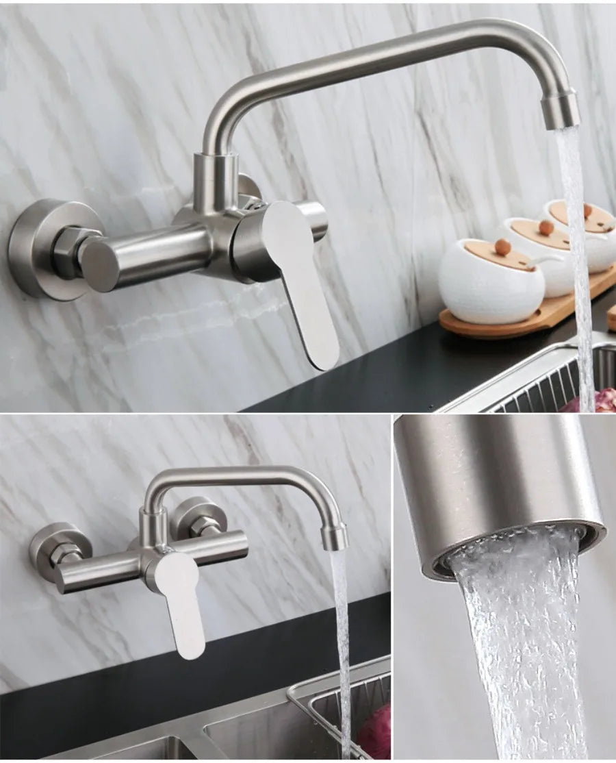 Wall Mounted Kitchen Faucet Wall Kitchen Mixers Kitchen Sink Tap 360 Degree Free Swivel Flexible Hose Double Holes Water Taps