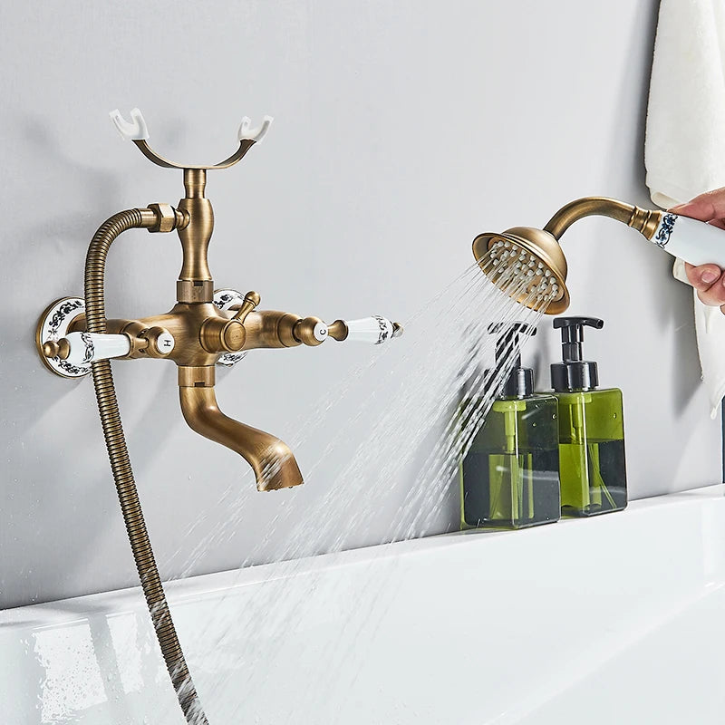 Retro Antique Brass Black Bronze Bathtub Shower Faucets Set Dual Knobs Mixer Tap Wall Mounted Bath Shower Set Swivel Tub Spout