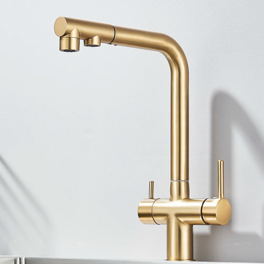 Filtered Kitchen Sink Faucet with Pull Down Sprayer 2 Handle 3 in 1 Water Filter Purifier Faucet Dual Sprayer Drinking Water Tap