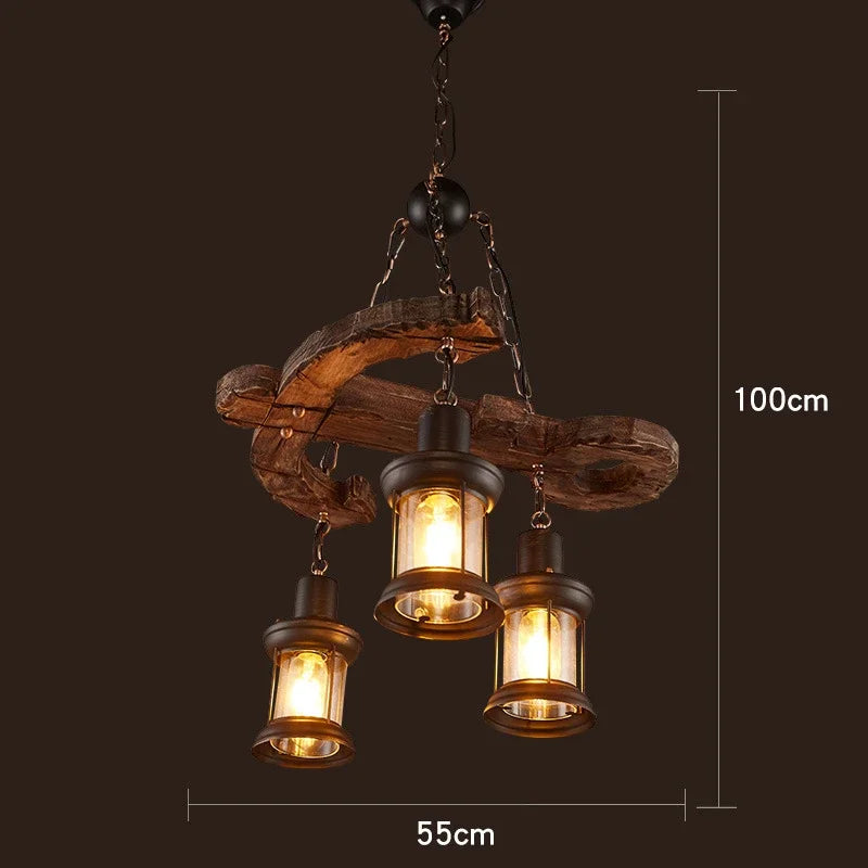 Antique Industry Vintage Wood E27 LED Ceiling Chandelier