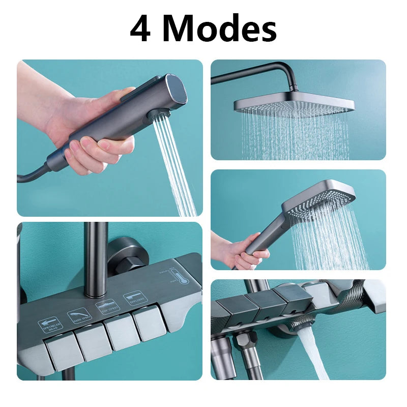 Black Digital Shower Set Bathroom Rainfall Brass Wall Mounted 4Way Shower Faucet Bathtub Thermostat Rain Mixer Tap Shower System