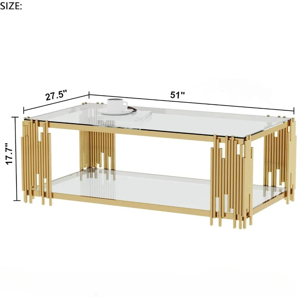 Modern Gold Coffee Table 51 Inch Rectangular Clear Tempered Glass