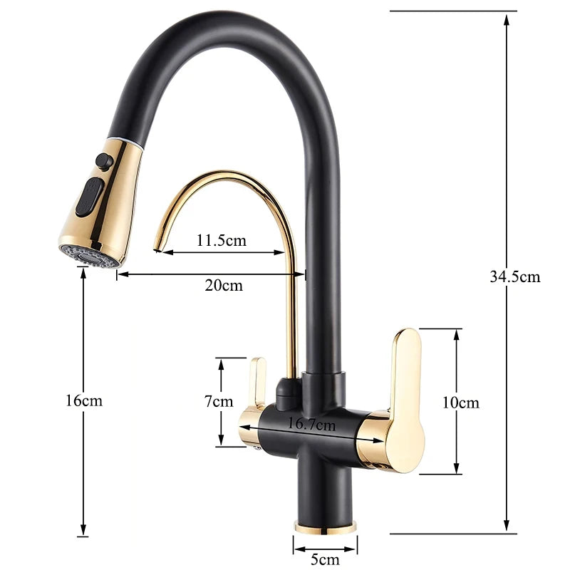 Black Gold Filter Kitchen Faucets Pure Water Rotatable Dual Spout Kitchen Faucet Dual Handles Filtered Mixer Tap For Kitchen