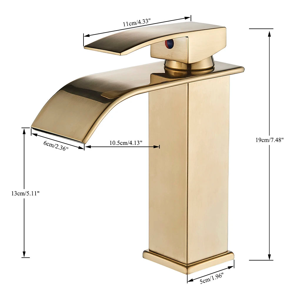 Brushed Gold Basin Sink Faucet Waterfall Outlet Vanity Hot Cold Mixer Tap Deck Mount Taps Washbasin Faucet for Bathroom