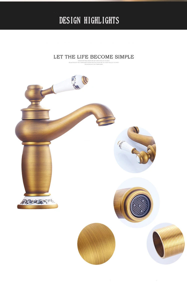Retro European Bathroom Basin Faucets Gold Mixer Tap Ceramic Decoration Plating Chrome Single Handle Hot And Cold Deck Mounted