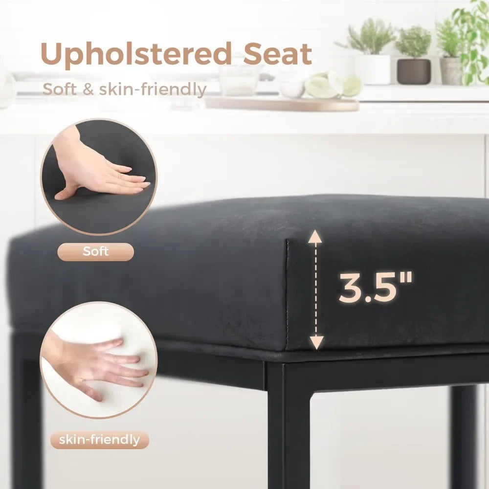 Black Counter Height 24" Bar Stools Kitchen Counter Backless Modern Square Barstools Upholstered Faux Leather Stools