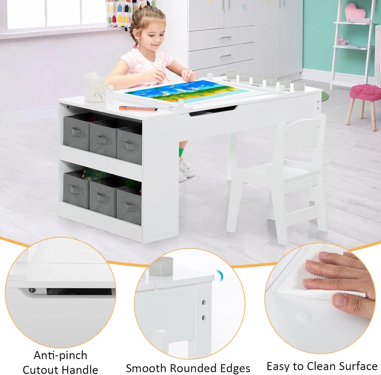 Toddler Craft Play Wood Activity Desk with 2 Chairs Storage