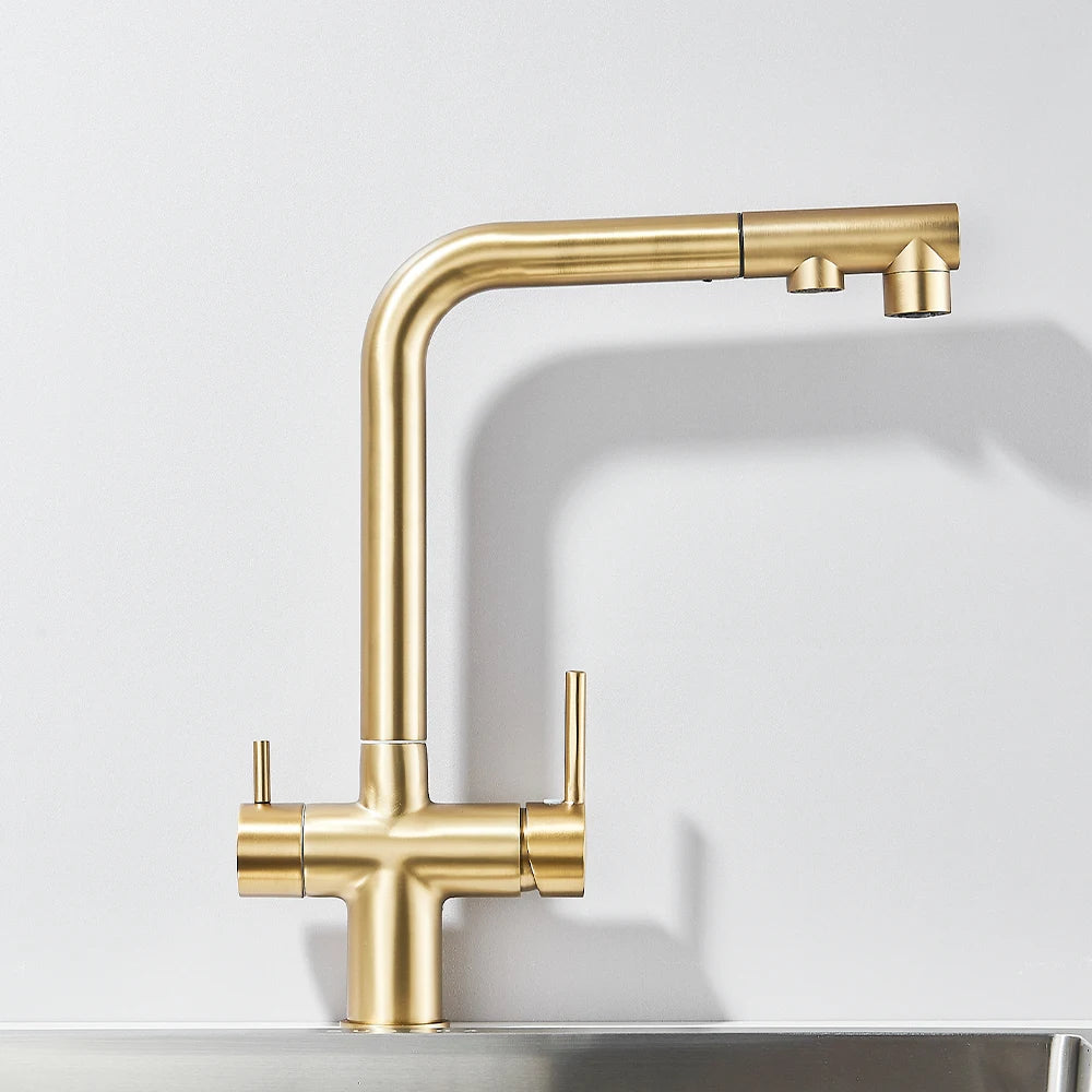 Gold Filter Kitchen Faucets Dual Spout Pull Out Kitchen Sink Water Tap Hot Cold Purification Water Crane for Kitchen