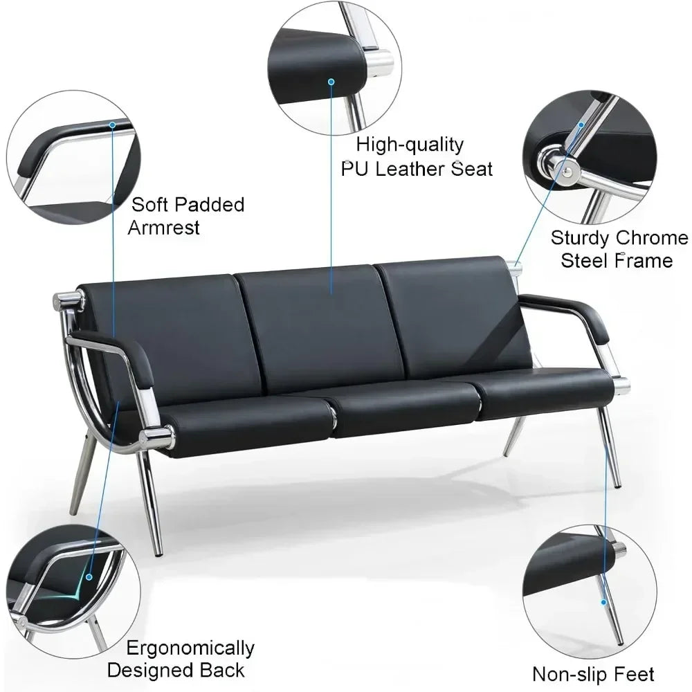 Waiting Room Bench with Fixed PU Leather Upholstered Armrests
