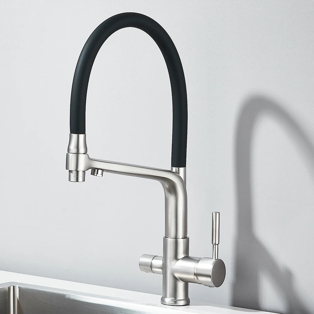 Brushed Gold Kitchen Faucet Filtered Water Dual Spout Purification Feature Kitchen Tap 360 Rotation Water Crane For Kitchen