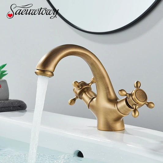 Deck Install Antique Brass Basin Faucet Bathroom Basin Faucet Animal Shape Hot And Cold Water Mixer Double Handle Taps Crane