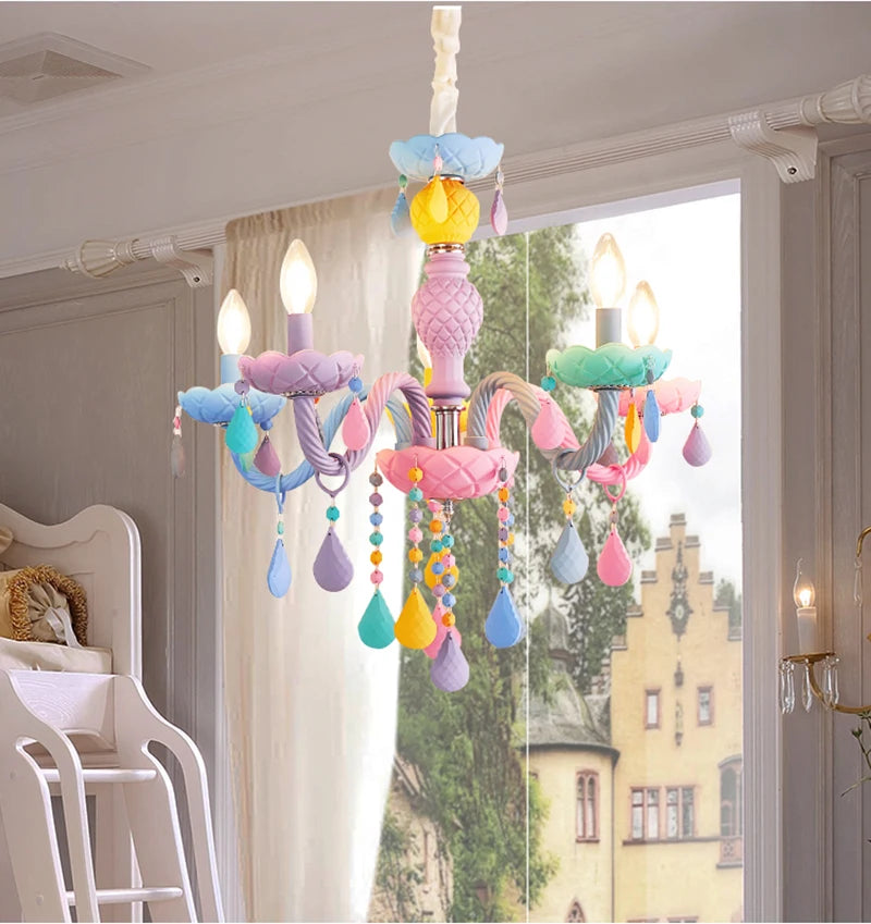 Modern Romantic Rainbow Crystal Chandelier European Candle lustres Children's Makaron Girl Princess Pendant Lamps Light Fixtures