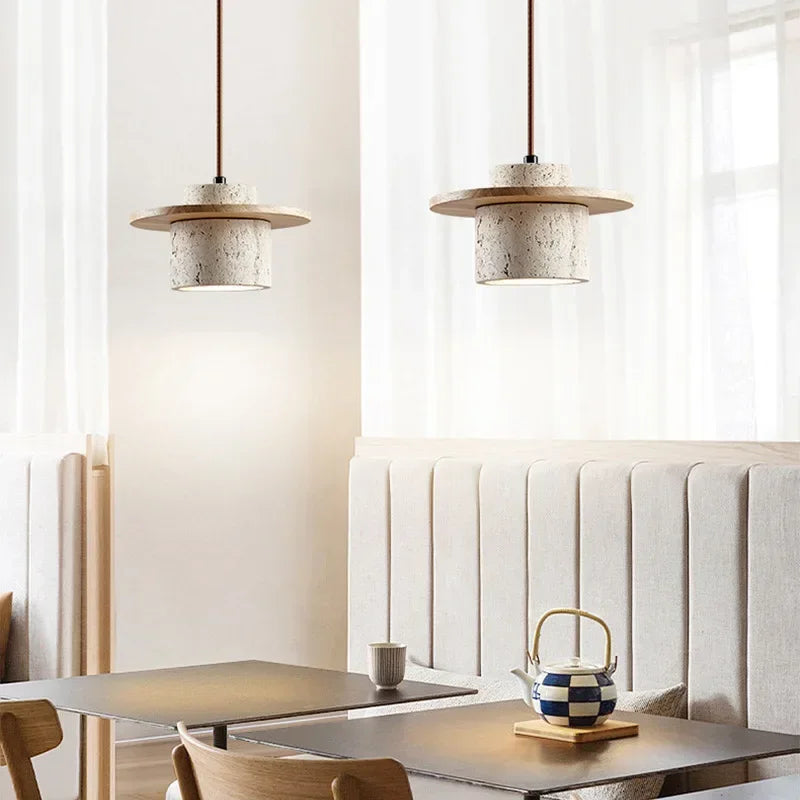 High Quality Stone Pendant Light Indoor LED Walnut/Log Yellow Travertine Chandelier Parlor Bedroom Cafe Bar Hanging Light