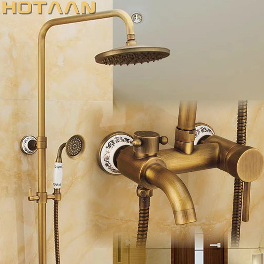 Antique Brass Wall Mounted Mixer Valve Rainfall Shower Faucet Complete Sets + 8" Brass Shower Head + Hand Shower + Hose