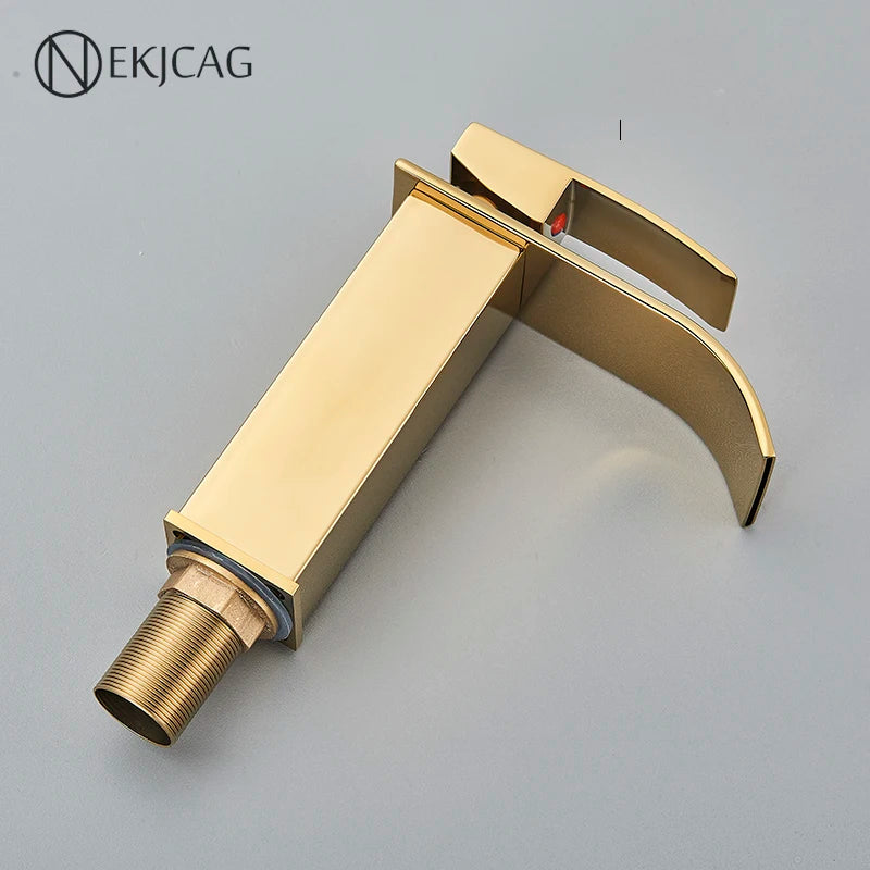 Gold Bathroom Basin Faucet Waterfall Outlet Deck Installation Sink Mixer Cold And Hot Mixing Crane Kitchen Washing Tap