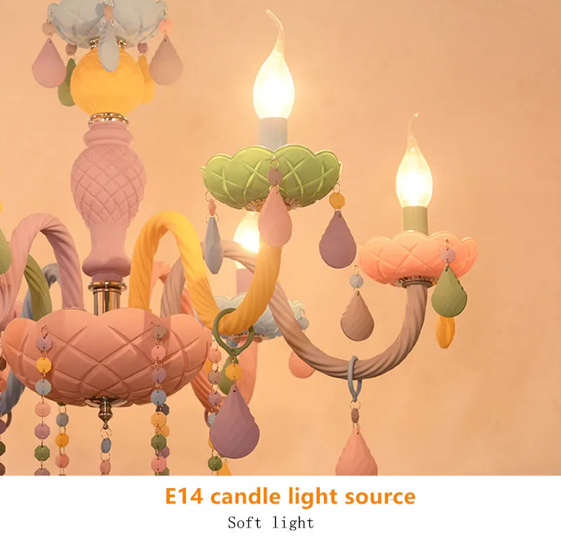 Modern Romantic Rainbow Crystal Chandelier European Candle lustres Children's Makaron Girl Princess Pendant Lamps Light Fixtures