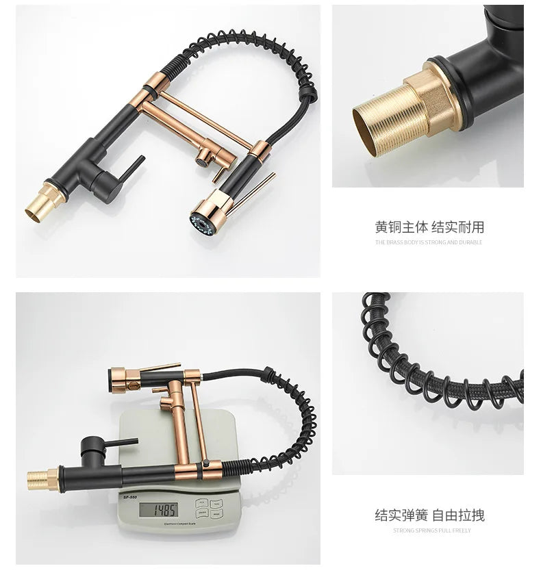 Black and Golden Brass Pulling Kitchen Sink Faucets Dual Outlet Water-Cold Hot Washing Basin Tap Deck Mounted Spring Mixer Taps