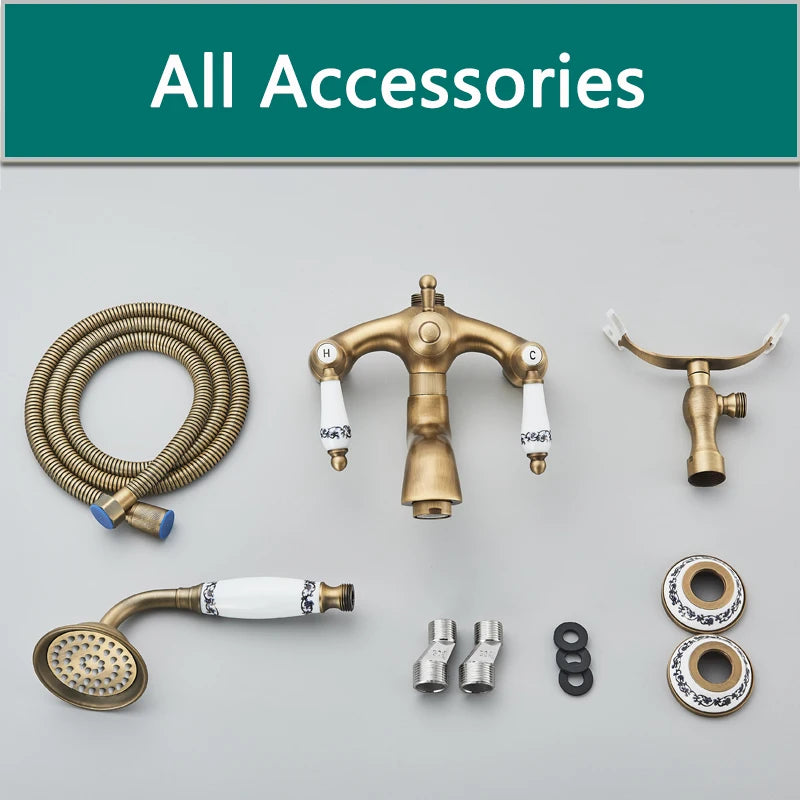 Shinesia Antique Brass Bathtub Shower Faucets Set Wall Mounted Bathroom Faucet With Shower Golden Bath Mixer
