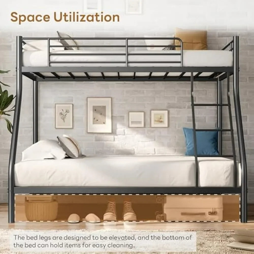 Black Metal Bunk Bed Twin Over Full Size with Ladder & Guardrail