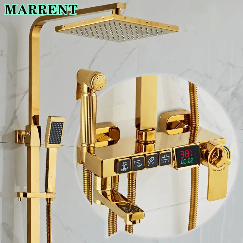 Gold Digital Shower Set Quality Brass Hot Cold Bathroom Shower Faucets Tap Rain Shower Head Golden Thermostatic Shower System