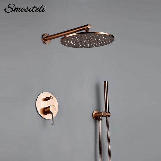 Shower Set Bath Brushed Rose Gold Rainfall Bathroom Faucet Brass Diverter Mixer Tap Hand Held 8-12" Head Wall Arm Valve Kit