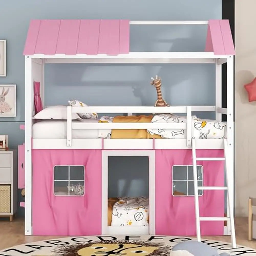 Kids Loft Bunk Bed House Twin with Tent Ladders