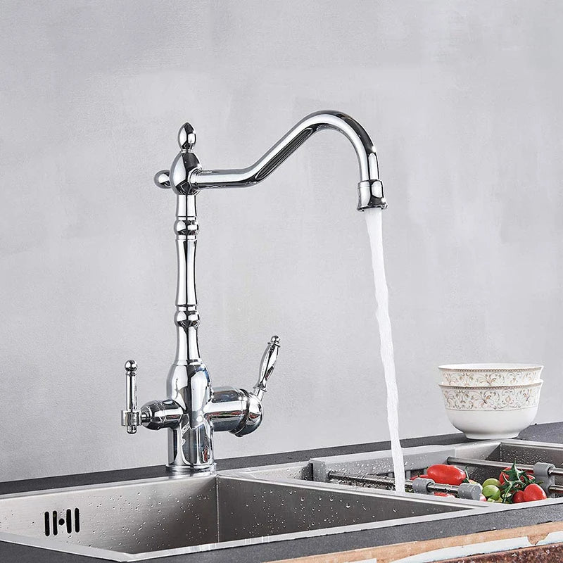 Golden Kitchen Filter Faucet Brass 360 Rotation Purification Kitchen Faucet Double Handle Dual Water Mode Hot Cold Mixer Taps