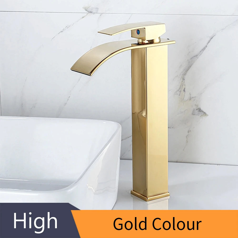Basin Faucets Brass Silver Elegant Waterfall Bathroom Sink Faucet Single Lever Hole Deck Mount Big Square Spout Mixer Taps