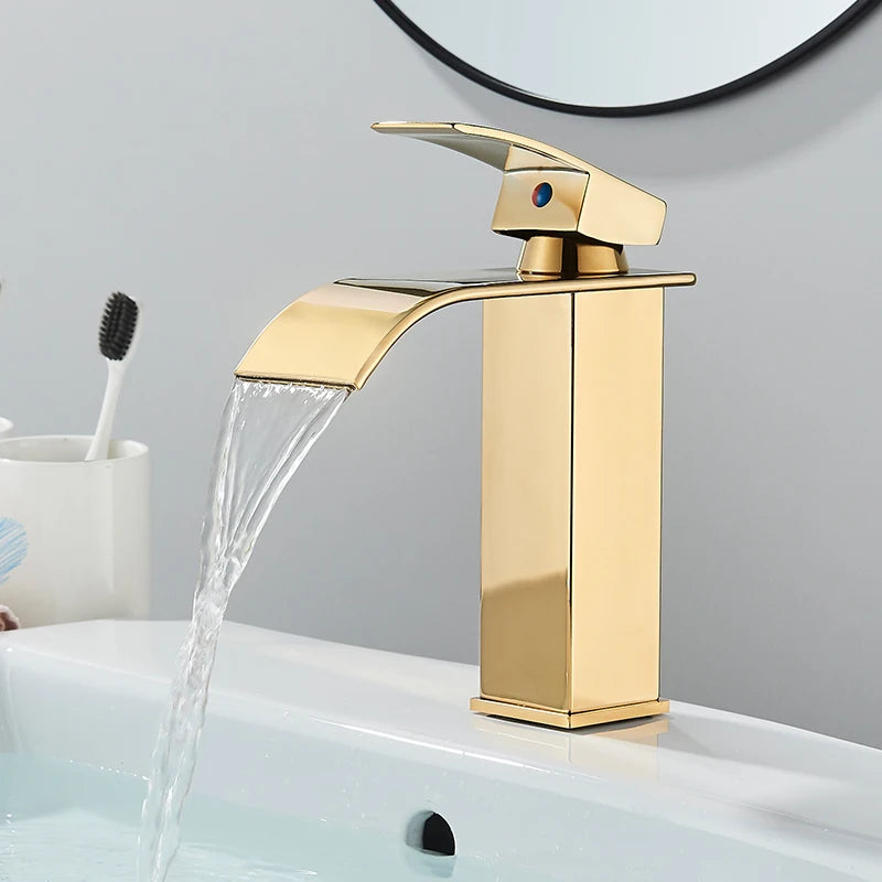 Gold Bathroom Basin Faucet Waterfall Outlet Deck Installation Sink Mixer Cold And Hot Mixing Crane Kitchen Washing Tap