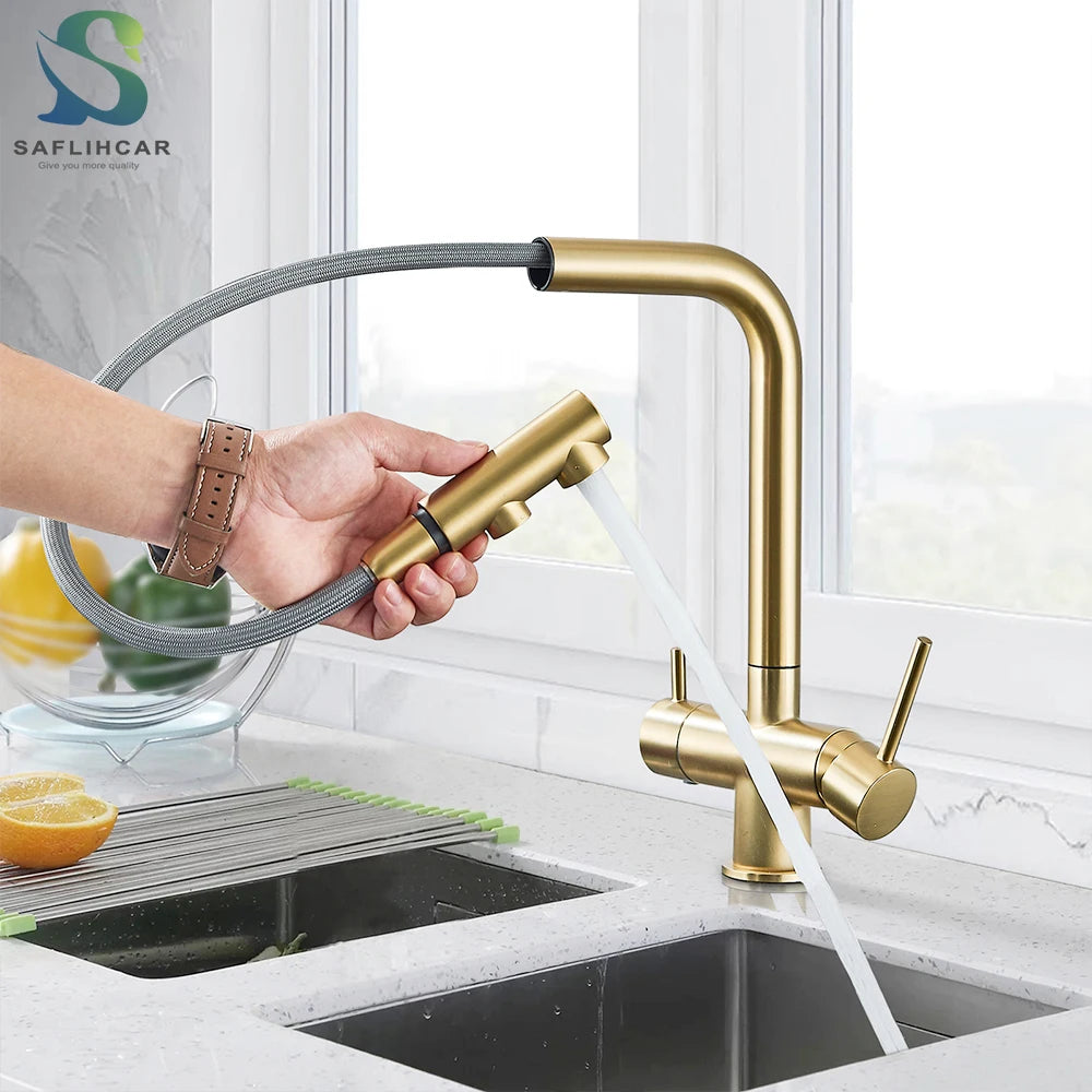 Gold Filter Kitchen Faucets Dual Spout Pull Out Kitchen Sink Water Tap Hot Cold Purification Water Crane for Kitchen