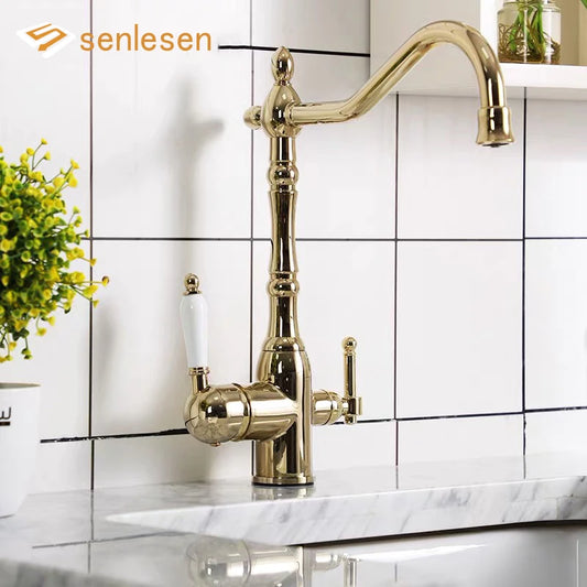 Golden Kitchen Filter Faucet Brass 360 Rotation Purification Kitchen Faucet Double Handle Dual Water Mode Hot Cold Mixer Taps