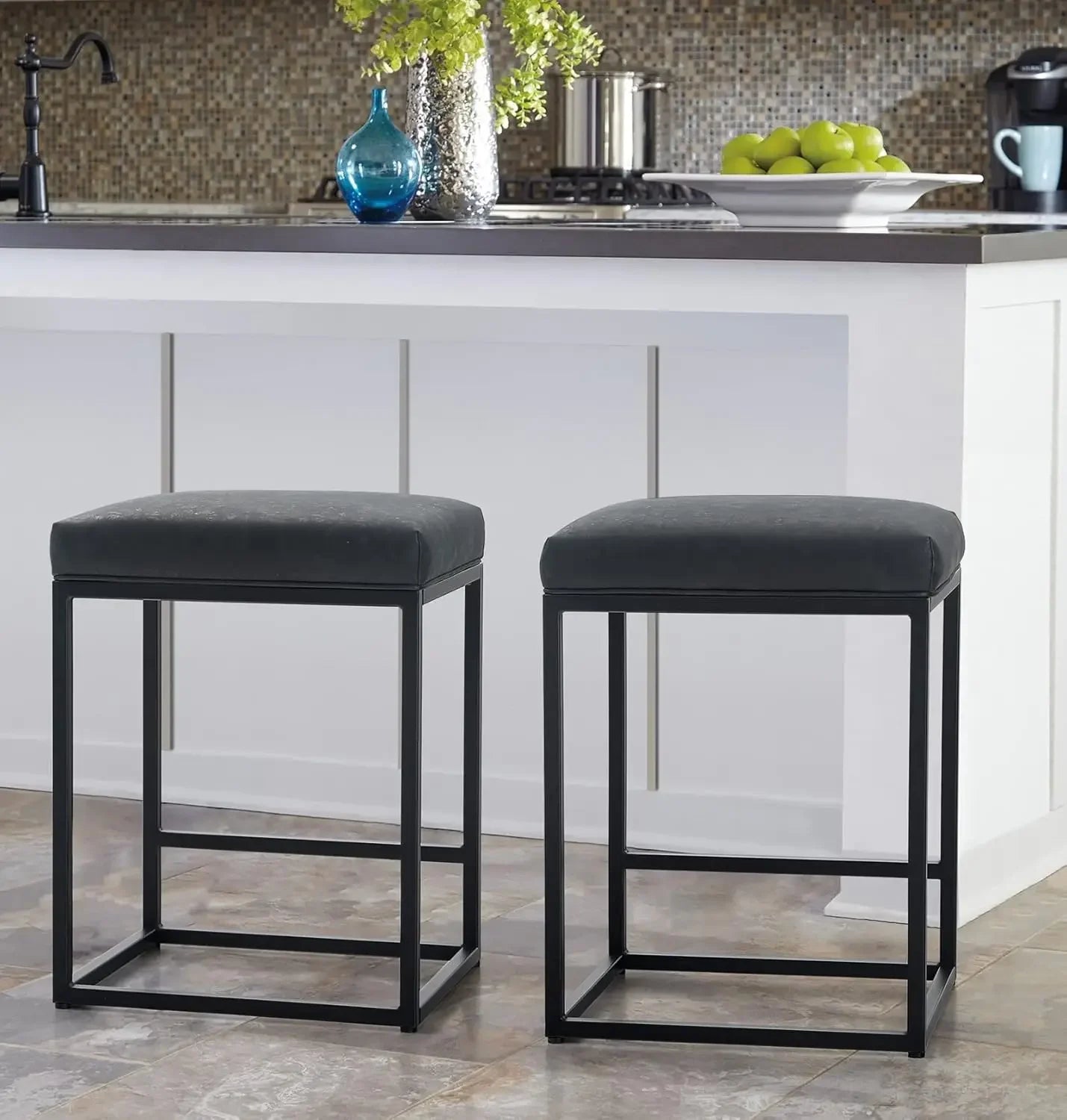 Black Counter Height 24" Bar Stools Kitchen Counter Backless Modern Square Barstools Upholstered Faux Leather Stools