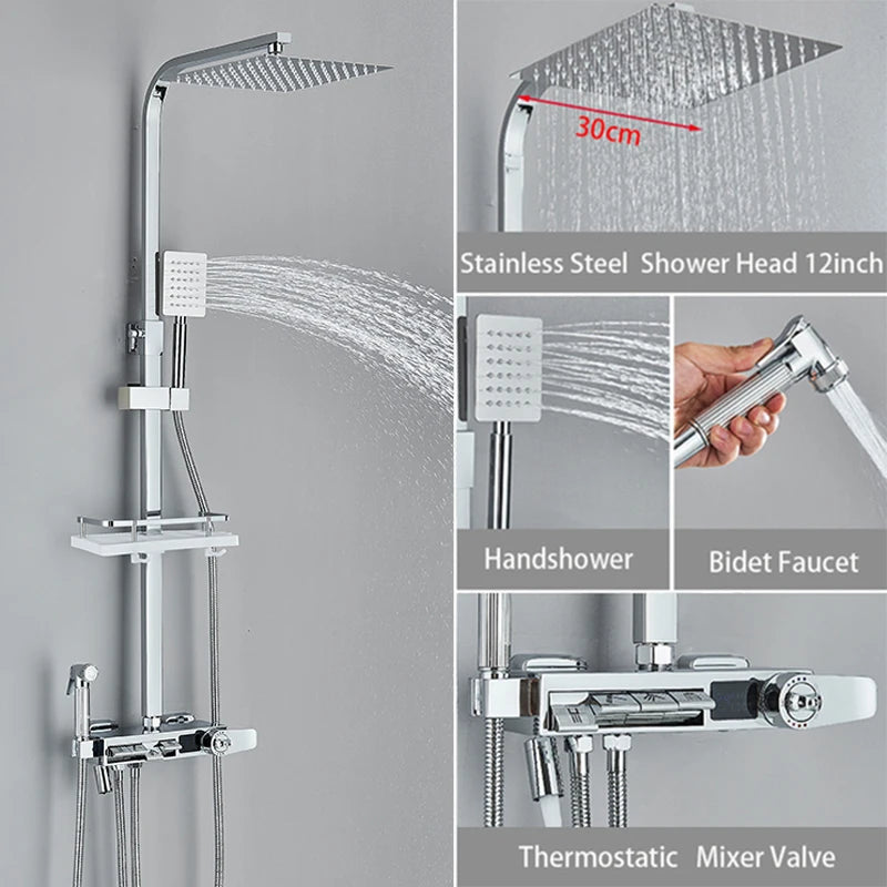 Black Thermostatic Digital Display Shower Faucet Set Rainfall Shower Column Wall Mounted Bathtub Tap With Shelf and Bidet