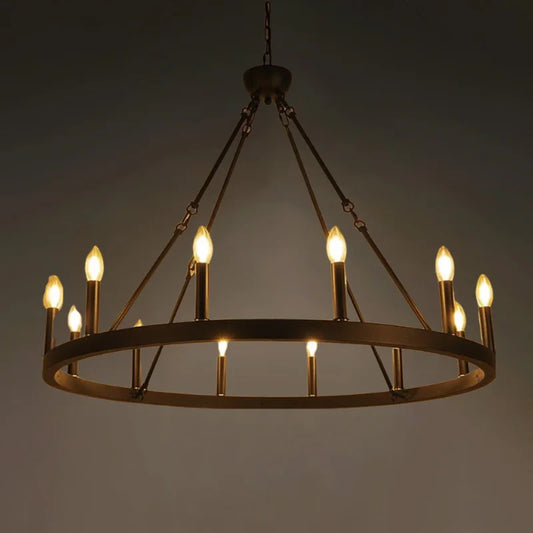 America Retro Industrial Iron Round Led Pendant Black Metallic Hanging Living Room Cafe Restaurant Decoration Suspend Chandelier