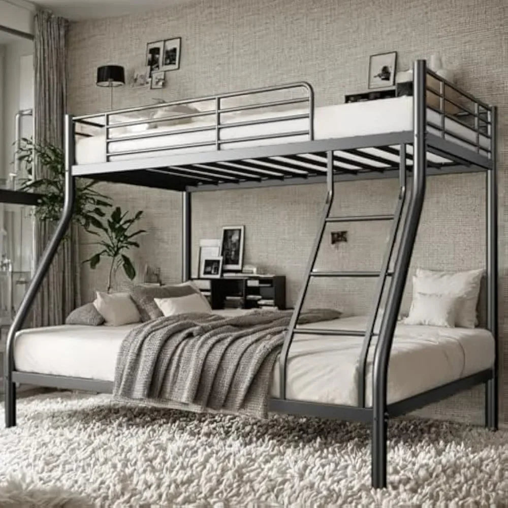 Black Metal Bunk Bed Twin Over Full Size with Ladder & Guardrail